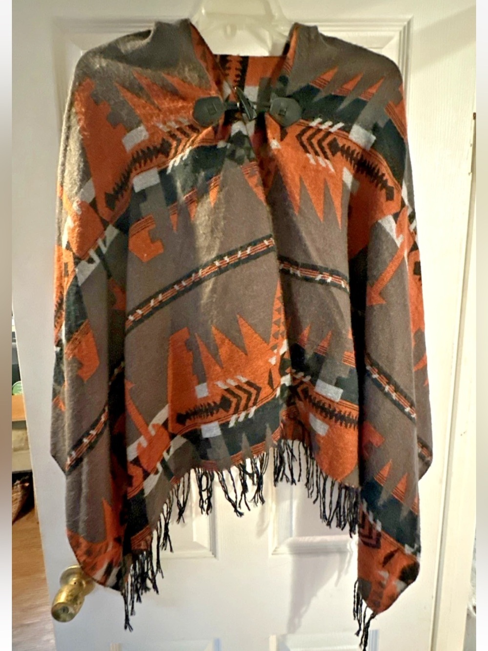 Southwestern Pattern Fringe Throw Poncho - Brown and Orange One Size